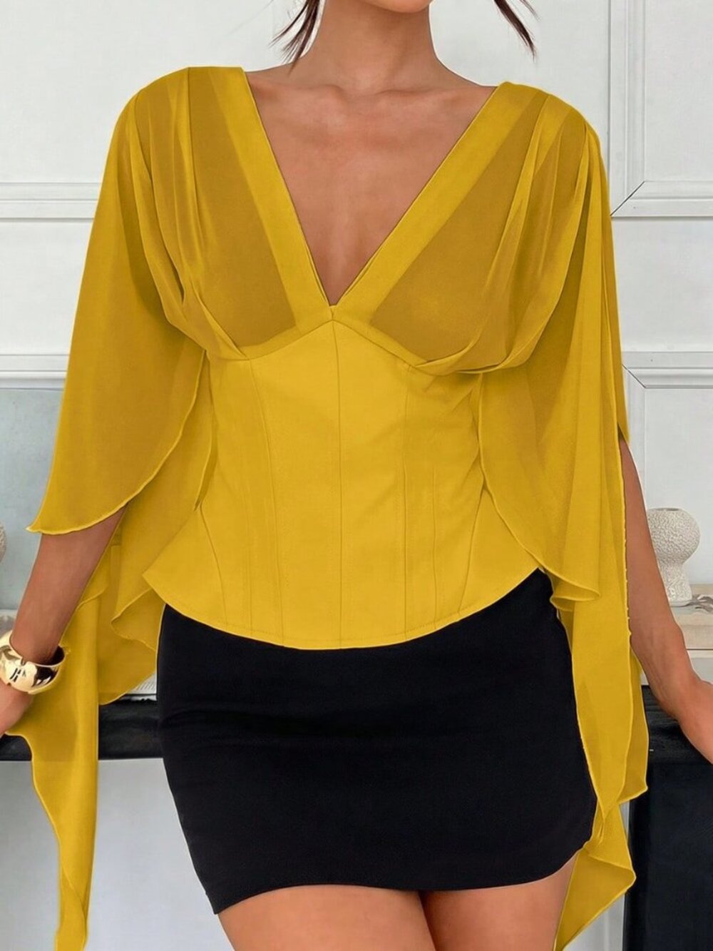 Yellow Casual Women's Elegant Wedding Bustier Shrug Shirt - Picture 6 of 9